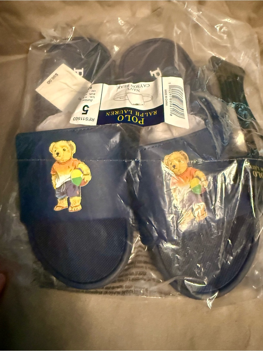 Polo by Ralph Lauren Kids Navy Bear Slide Sandals with Multicolor Bear